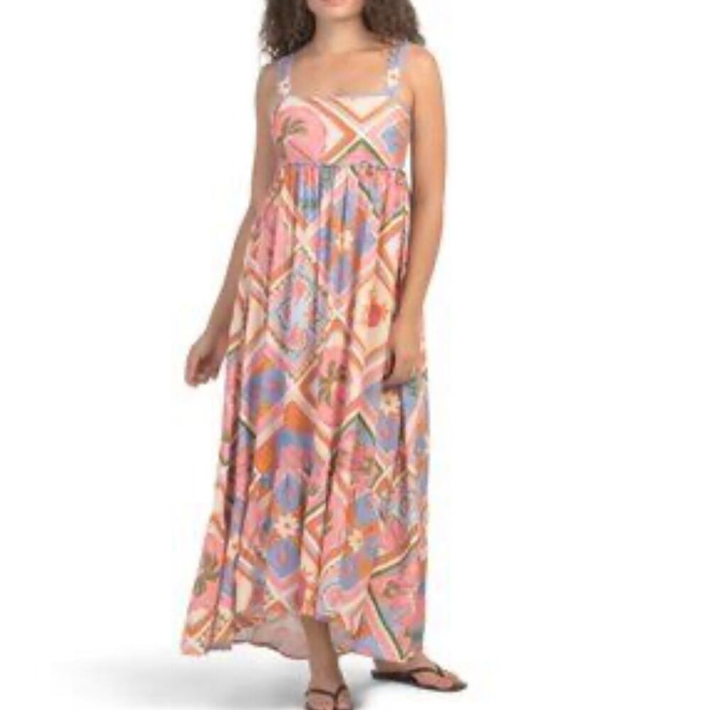 White Closet Australian Scalloped Colorful Maxi Dress Sz S Boho Resortwear